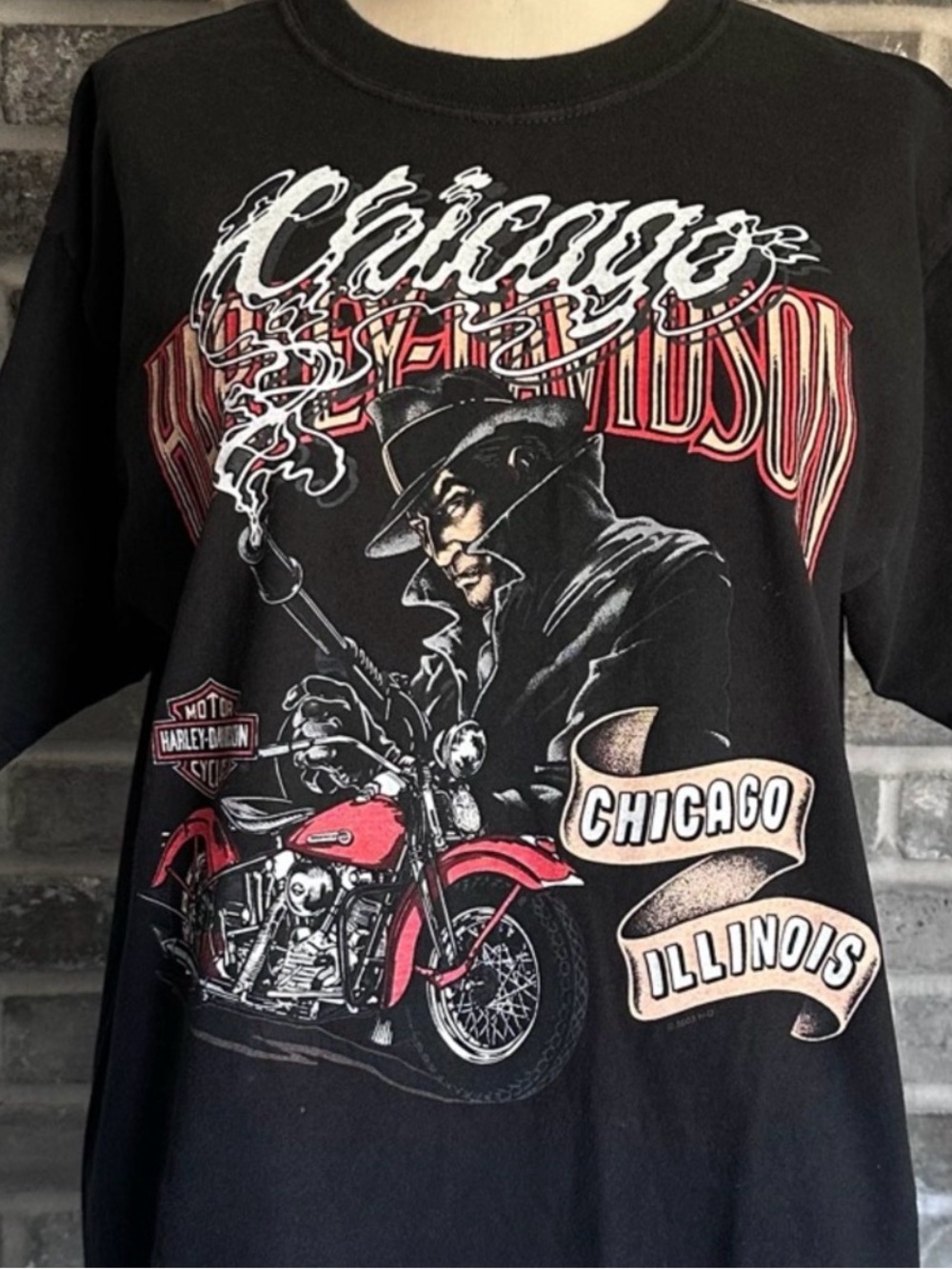 Y2K 2003 Harley Davidson Chicago Dealer Graphic T Shirt Faded Black
